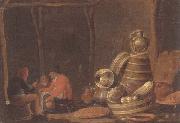 Jan Spanjaert A barn interor with peasants drinking and smoking beside a collection of kitchen utensils USA oil painting reproduction